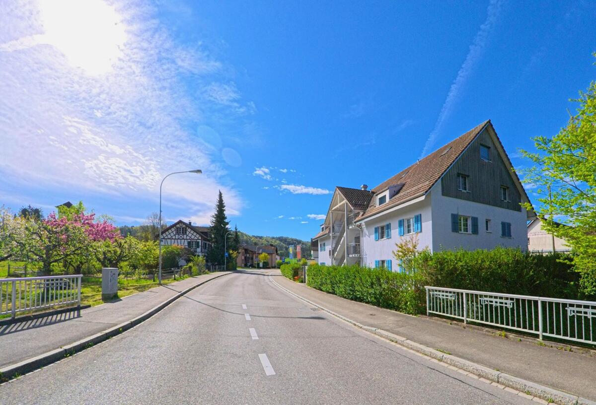 In Oberembrach im Kanton Zürich (PLZ 8425) verläuft eine ruhige Strasse mit Wohnhäusern und blühenden Bäumen durch ein gepflegtes Quartier bei klarer Frühlingssonne.