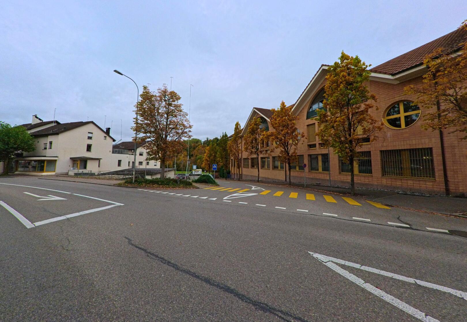 An einer ruhigen Strassenkreuzung mit Fussgängerstreifen prägen Schulgebäude und Wohnhäuser das Ortsbild von Aadorf (8355, Kanton Thurgau) an einem herbstlichen Tag.