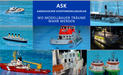 Eine Collage des Aargauischen Schiffsmodellbau-Klubs in Wohlen (Kanton Aargau) zeigt verschiedene detailreiche Modellschiffe auf blauem Wasser.