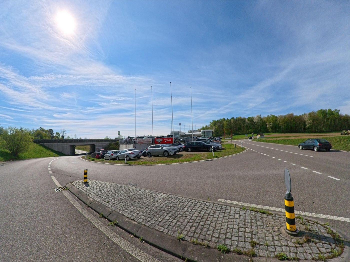 Entlang eines Feldwegs in Adlikon (8107, Kanton Zürich) erstrecken sich grüne Wiesen und eine Baumreihe unter blauem Himmel.
