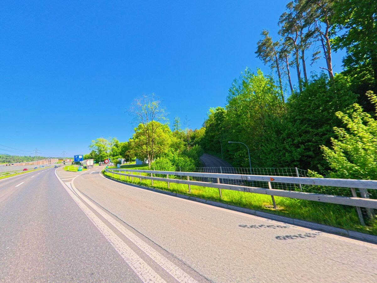 Eine Ausfahrt der Schnellstrasse in Adliswil (8134, Kanton Zürich) führt an dichtem Waldrand vorbei und zeigt den Übergang in die grüne Umgebung.
