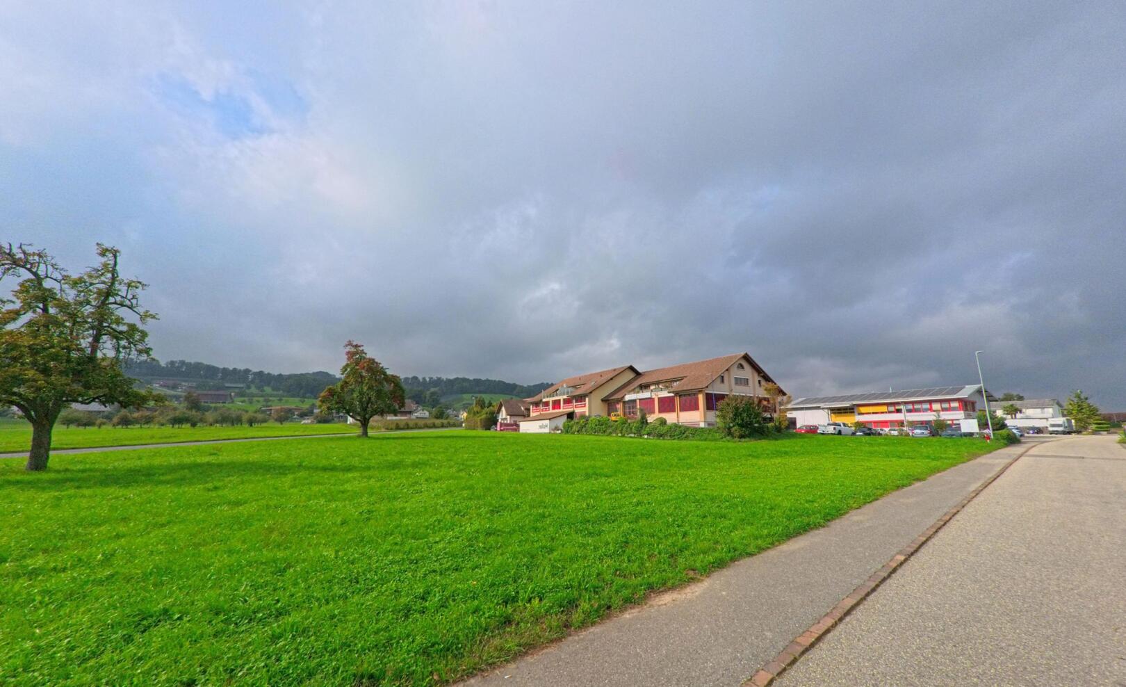In Aesch (6287, Kanton Luzern) liegen Bauernhäuser und Werkstätten am Rand einer grünen Wiese unter teils bewölktem Himmel.