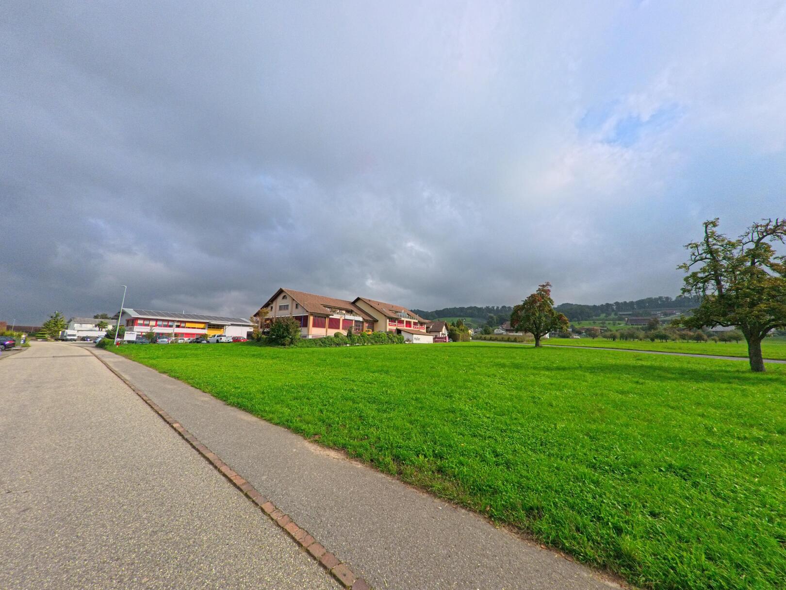 In Aesch (6287, Kanton Luzern) liegen Bauernhäuser und Werkstätten am Rand einer grünen Wiese unter teils bewölktem Himmel.