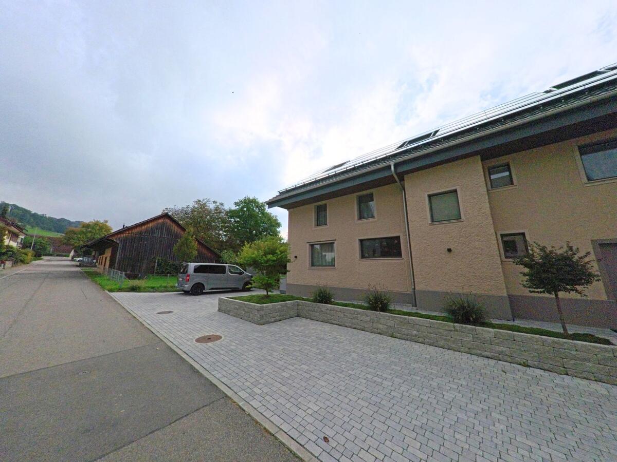 In Aesch (6287, Kanton Luzern) stehen moderne Wohnhäuser mit Solardächern und angrenzenden Scheunen an einer schmalen Nebenstrasse.