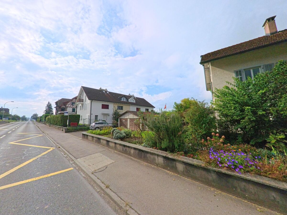 Entlang der Hauptstrasse in Aesch (6287, Kanton Luzern) stehen gepflegte Wohnhäuser mit blühenden Vorgärten und Hecken.