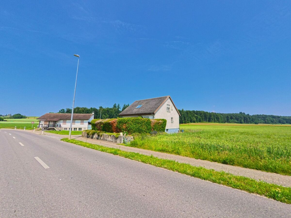 An einer Ausfallstrasse in Aeschi (4556, Kanton Solothurn) stehen zwei Wohnhaeuser direkt am Rand weiter Getreidefelder mit angrenzendem Wald im Hintergrund.