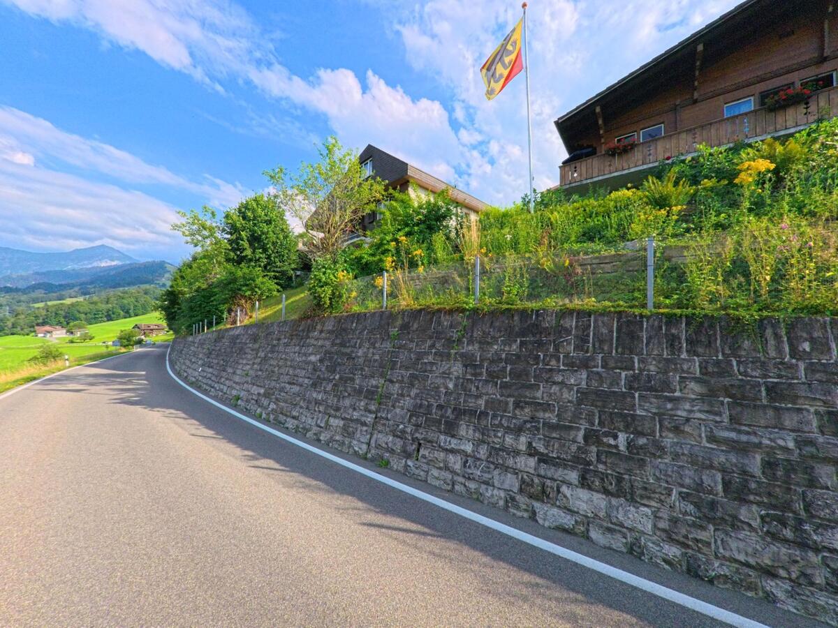 Eine geschwungene Landstrasse in Aeschi bei Spiez (3703, Kanton Bern) führt unterhalb einer bepflanzten Böschung mit Haus und Berner Kantonsflagge durch die Hügellandschaft.