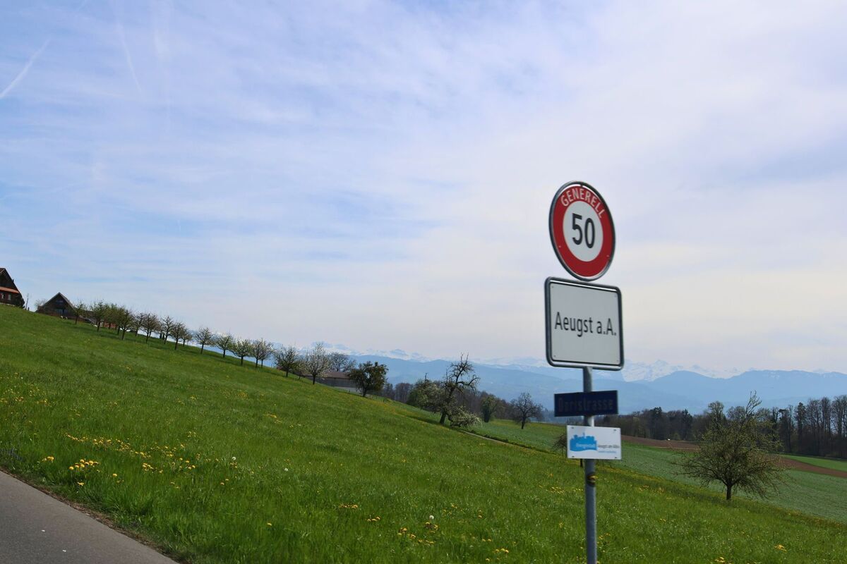 Ein Ortsschild mit Tempolimit weist auf die Einfahrt nach Aeugst am Albis, PLZ 8914 im Kanton Zürich hin, während im Hintergrund eine Obstbaumreihe und die verschneiten Alpen zu sehen sind.