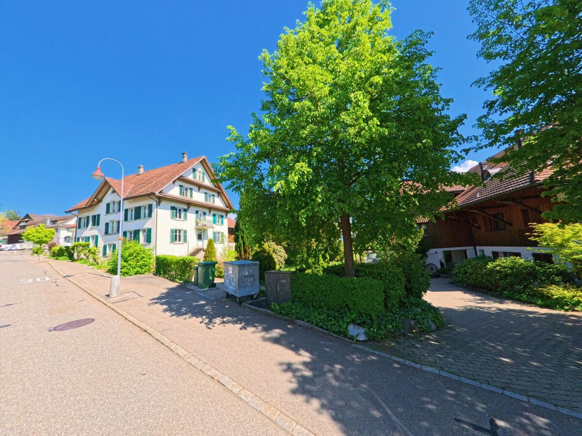 In Aeugst am Albis, PLZ 8914 im Kanton Zürich, stehen entlang einer leicht ansteigenden Strasse traditionelle Wohnhäuser mit Fensterläden und gepflegten Vorgärten im Schatten hoher Bäume.