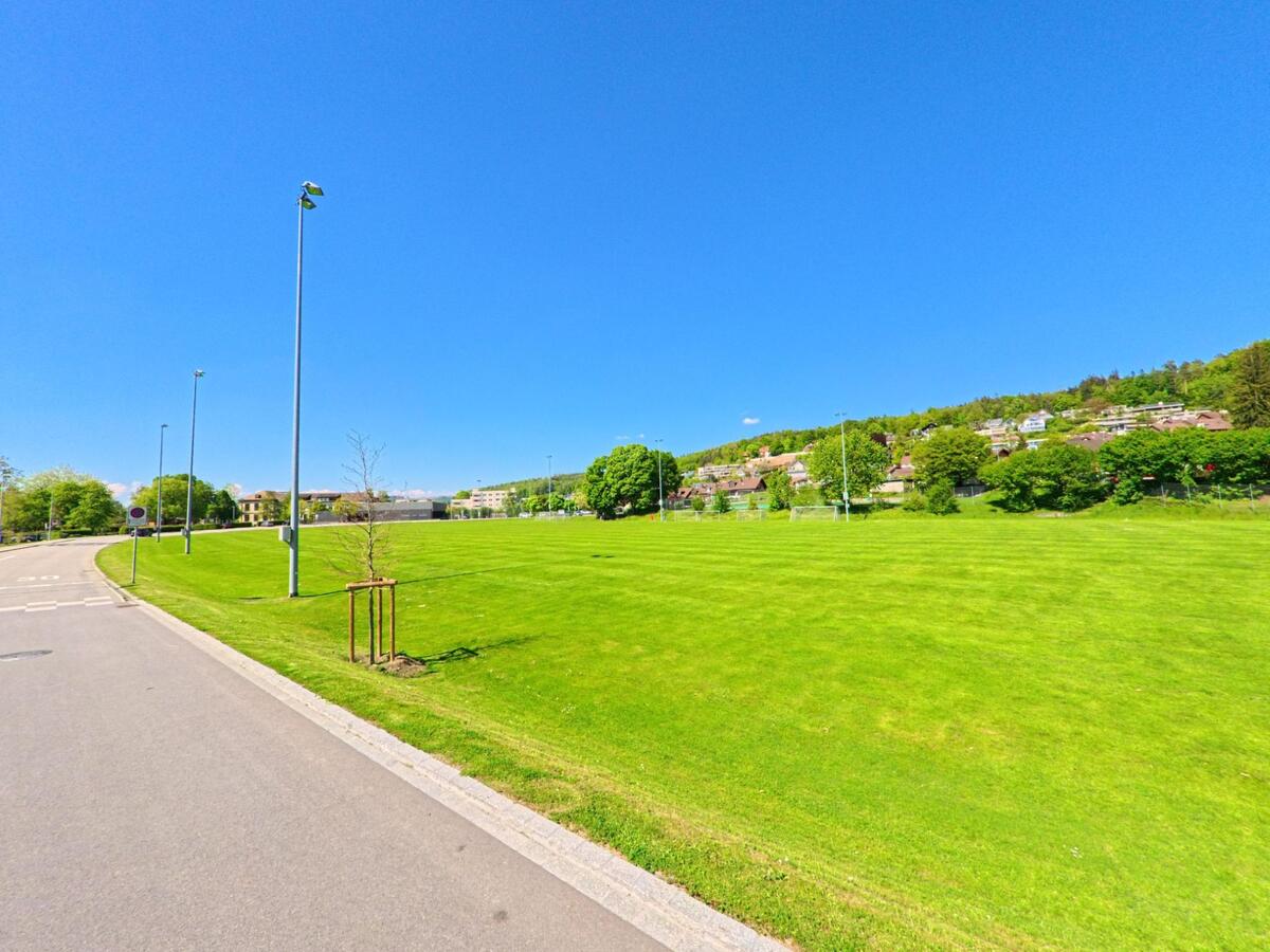 Ein grosses, gepflegtes Sportfeld mit Flutlichtmasten in Affoltern am Albis (PLZ 8910, Kanton Zürich) liegt am Fuss eines Hanges mit Wohnhäusern und viel Grün.