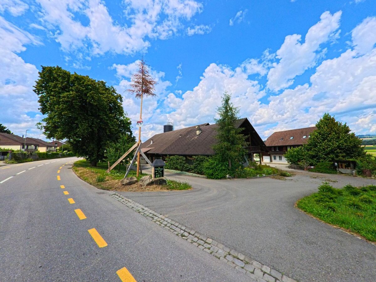 An einer sanft geschwungenen Strasse in Allmendingen (3112, Kanton Bern) steht ein geschmückter Baum neben einem traditionellen Bauernhof mit Blick auf das offene Umland.