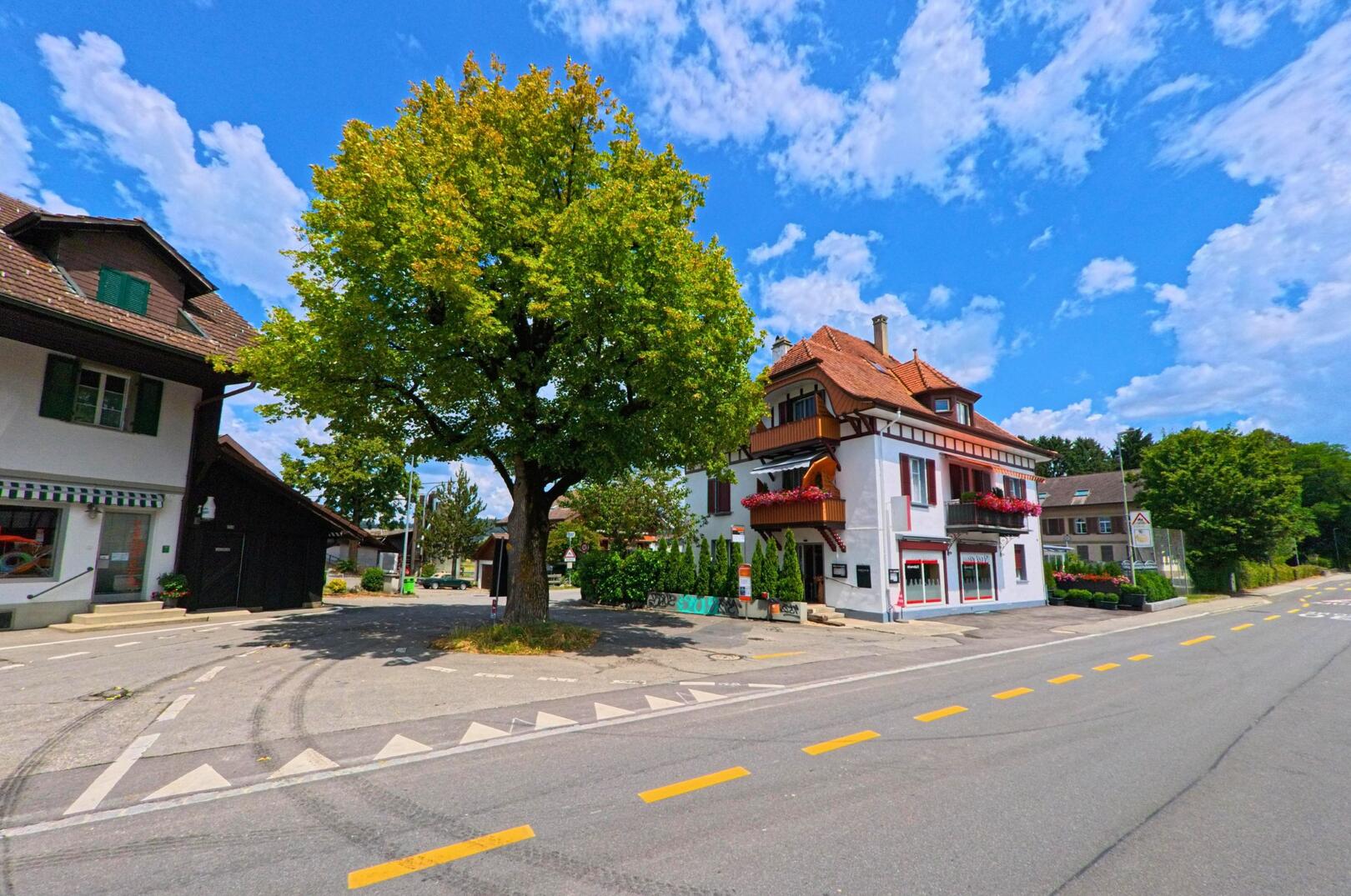 In Allmendingen (3112, Kanton Bern) säumen gepflegte Häuser und ein grosser Laubbaum eine verkehrsberuhigte Kreuzung unter strahlend blauem Himmel.