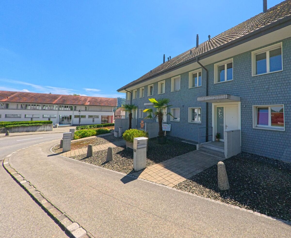 In Altishofen (PLZ 6246, Kanton Luzern) steht ein langgezogenes Wohnhaus mit blauer Fassade und Palmen im Vorgarten an einer ruhigen Strasse mit Gewerbebauten im Hintergrund.