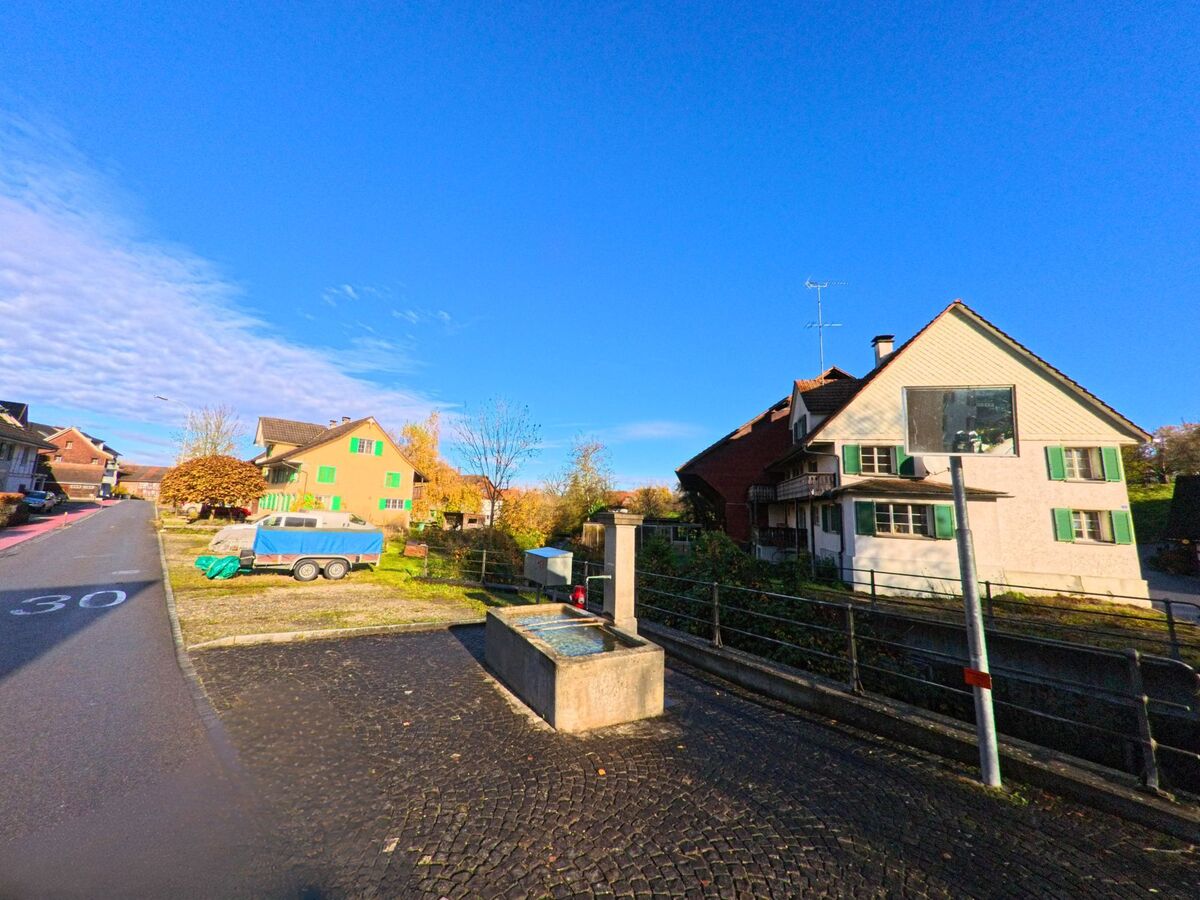 Bei einem kleinen Brunnen an der Dorfstrasse liegen Wohnhaeuser und Gaerten ruhig beisammen in Amlikon-Bissegg (8514, Kanton Thurgau) unter klarem Himmel.