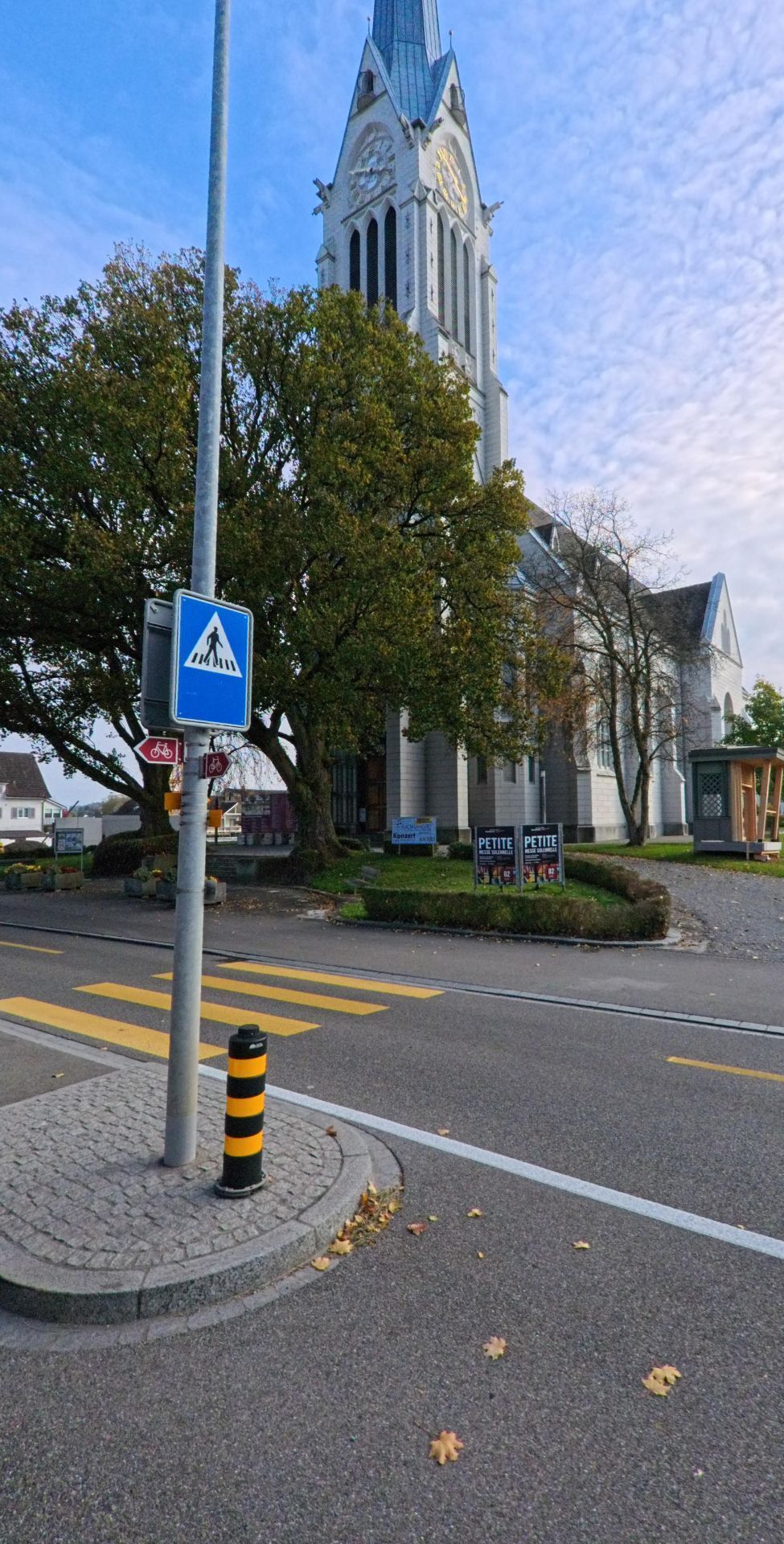 Neben einem Zebrastreifen erhebt sich die markante Kirche von Amriswil (8580, Kanton Thurgau) mit hohem Turm zwischen Baeumen und einer ruhigen Strasse.