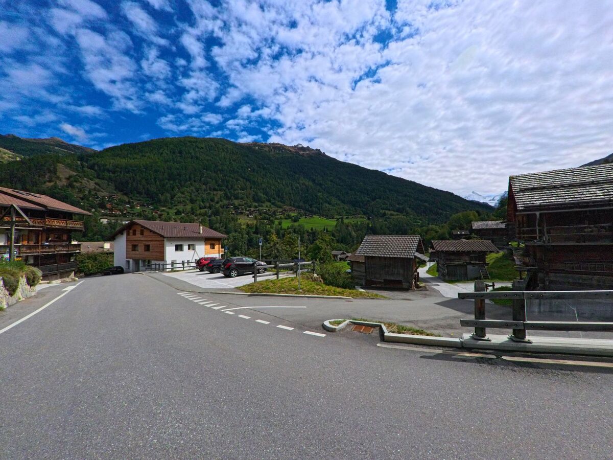 Am Ortsrand von Anniviers (3961, Kanton Wallis) stehen verstreut Holzhäuser und Chalets, dahinter breitet sich eine gruene Berglandschaft mit bewaldeten Haengen aus.