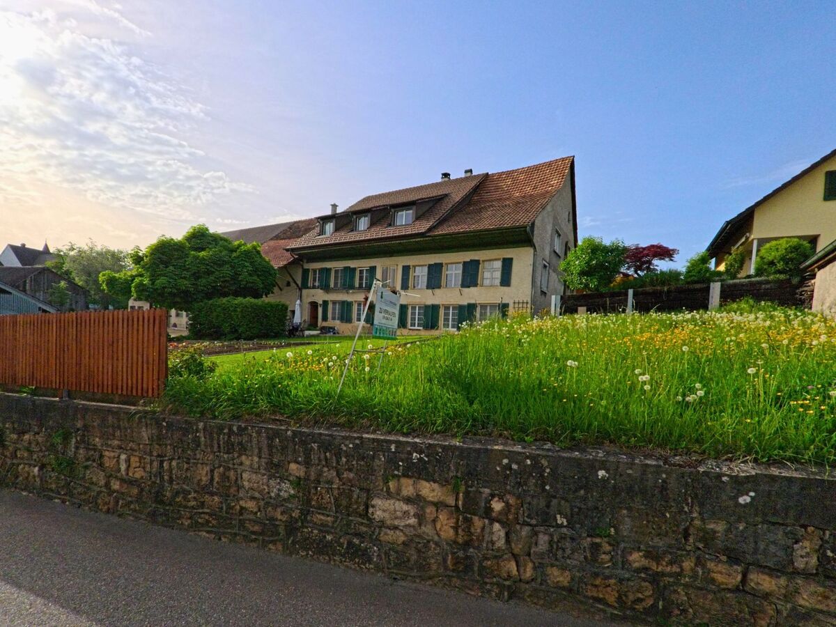 In Anwil (4469, Kanton Basel-Landschaft) steht ein traditionelles Haus mit grünen Fensterläden hinter einer blühenden Wiese und einer niedrigen Natursteinmauer.