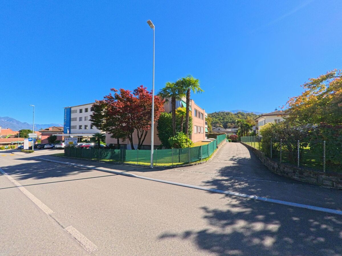 Eine ruhige Strasse in Arcegno (6616, Kanton Tessin) fuehrt an modernen Gebaeuden und Palmen vorbei Richtung bewaldeter Huegel.