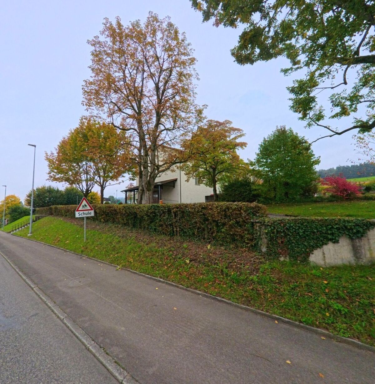 Ein Strassenschild mit der Aufschrift „Schule“ steht in Aristau (5628, Kanton Aargau) vor einer von Baeumen gesaeumten Anlage mit herbstlicher Bepflanzung.