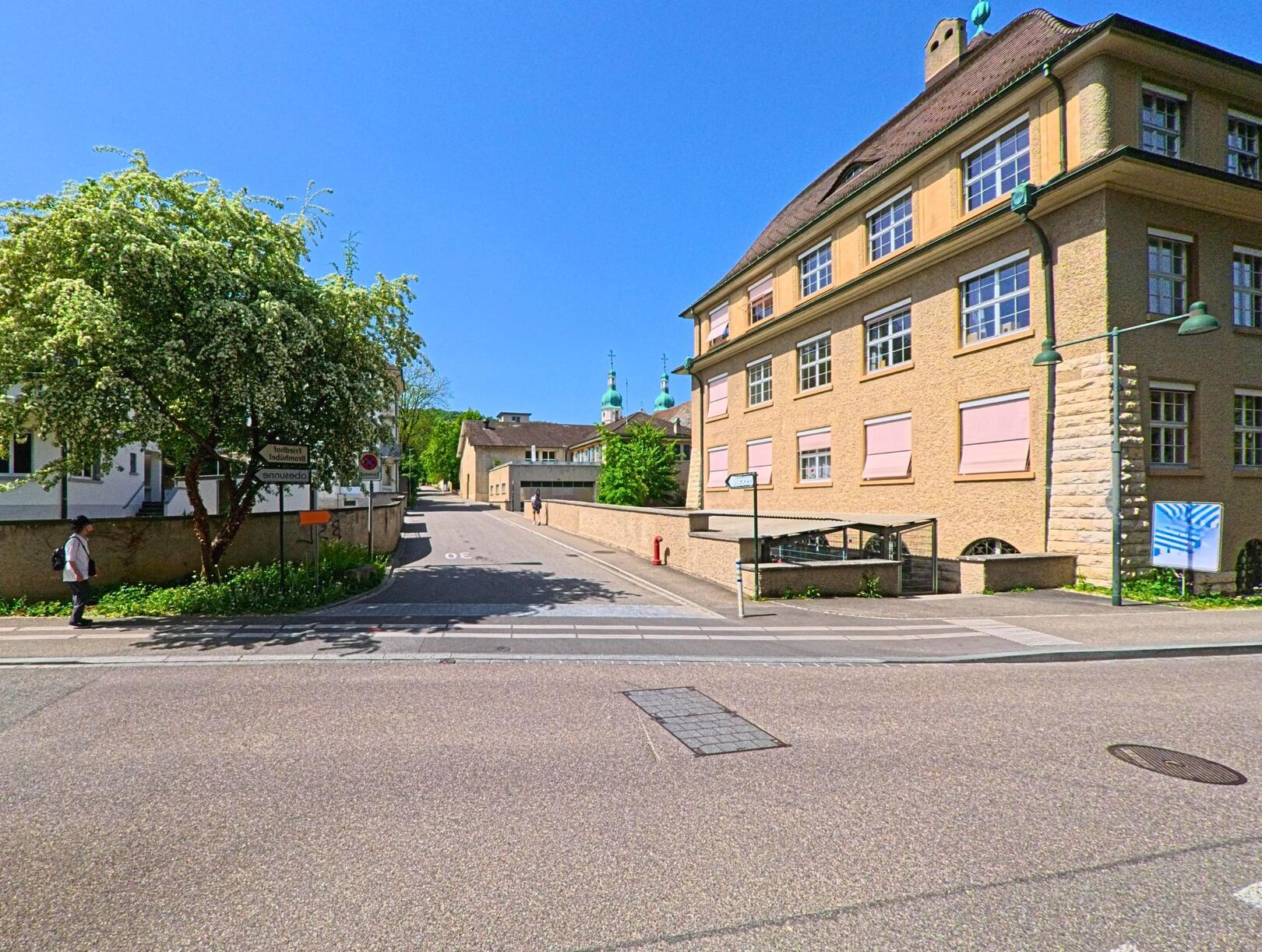 In Arlesheim (4144, Kanton Baselland) führt eine ruhige Seitenstrasse zwischen historischen Gebäuden und grüner Baumkulisse in Richtung eines Kirchturms.