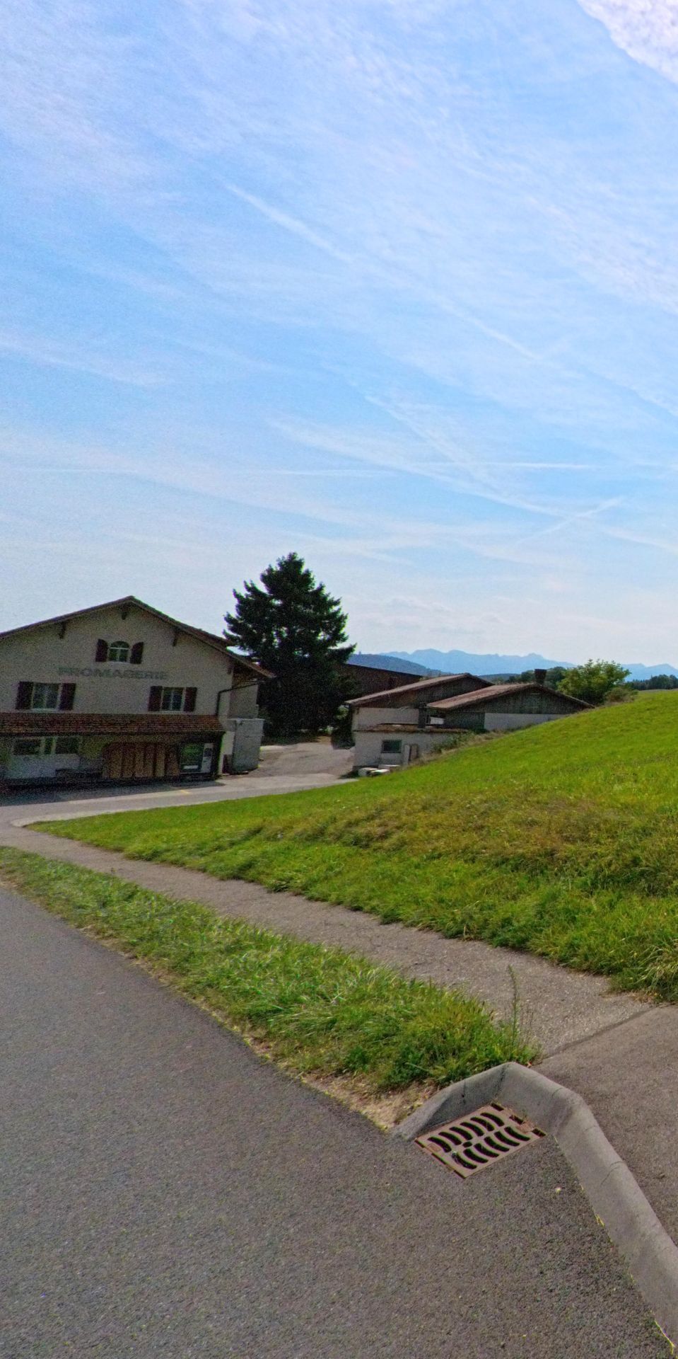 An einer Weggabelung mit Grünstreifen liegen landwirtschaftliche Gebäude in Auboranges (1673, Kanton Freiburg) vor offener Landschaft und fernem Horizont.