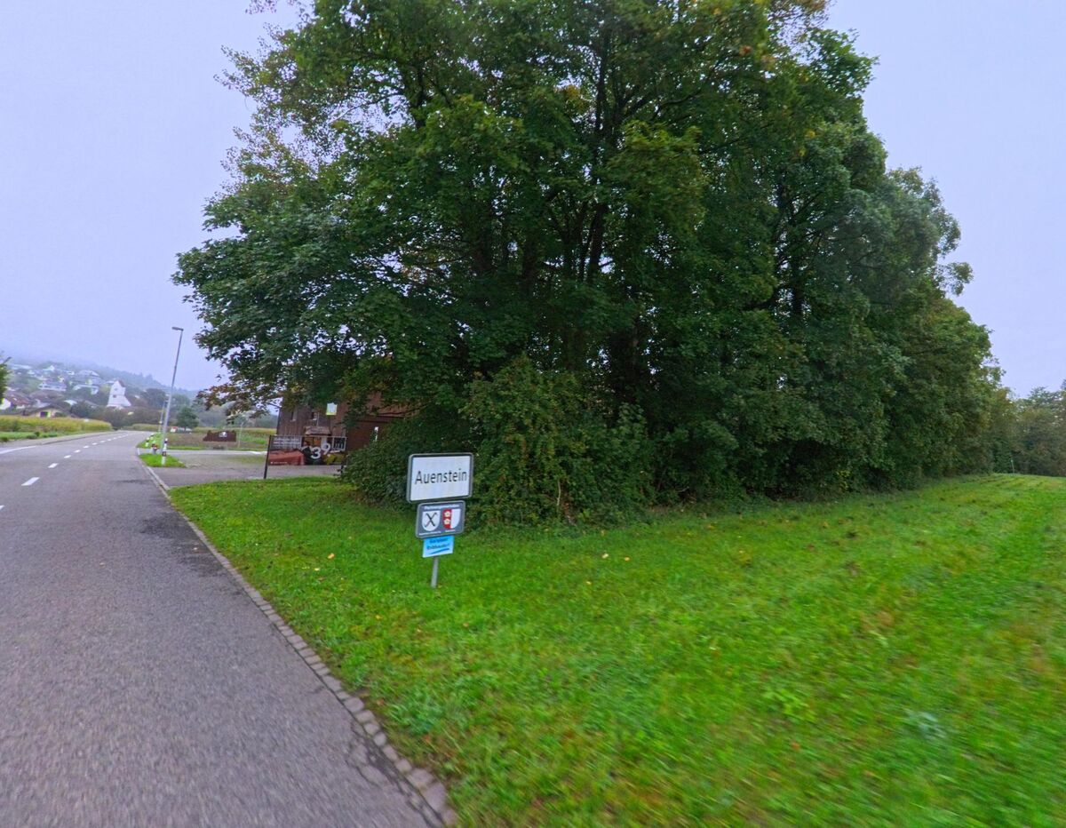 Am Ortseingang von Auenstein (5105, Kanton Aargau) steht ein Strassenschild mit dem Gemeindename neben einer von Bäumen gesäumten Landstrasse.