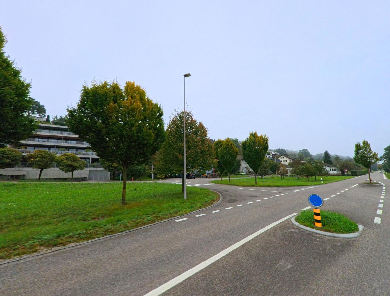 In Auenstein (5105, Kanton Aargau) verläuft eine geteerte Strasse mit Mittelinsel und junger Baumreihe entlang von modernen Wohnhäusern und gepflegten Grünflächen.