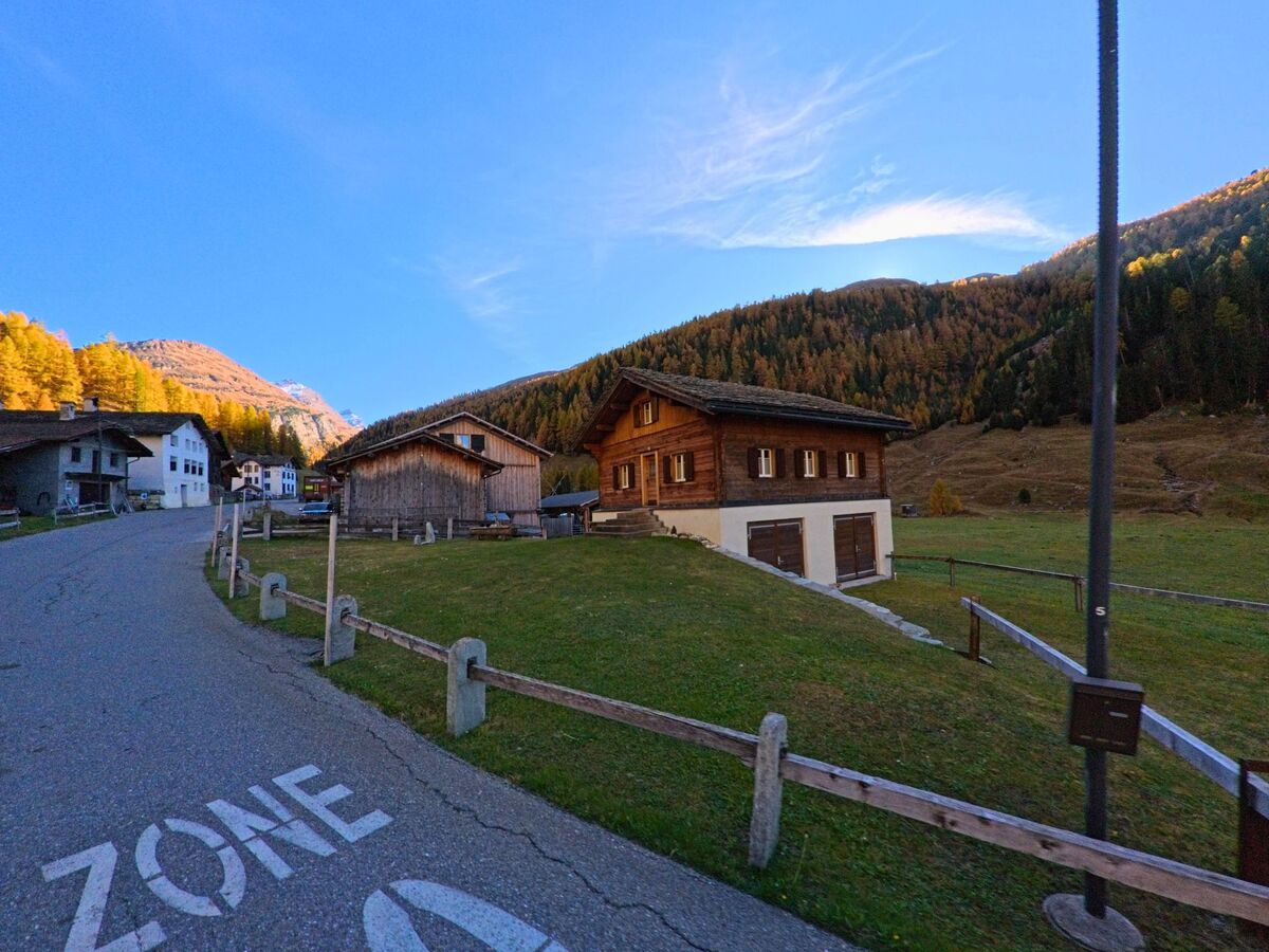 Entlang einer ruhigen Strasse mit Wiesen und Holzhäusern zeigt sich das alpine Dorfbild von Avers (7447, Kanton Graubünden) vor bewaldeten Berghängen.