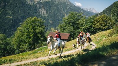 In Osco (Faido, 6763, Kanton Tessin) reitet eine Gruppe auf Pferden entlang eines Bergpfades der Azienda Agricola Marachiei mit Blick auf die imposante Alpenlandschaft.