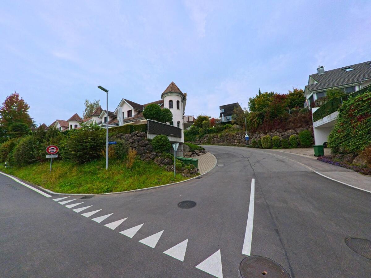 In Baar (6319, Kanton Zug) fuehrt eine geschwungene Wohnstrasse an gepflegten Hausern mit Tuermchen vorbei, umgeben von Felsenmauern und dichter Bepflanzung.