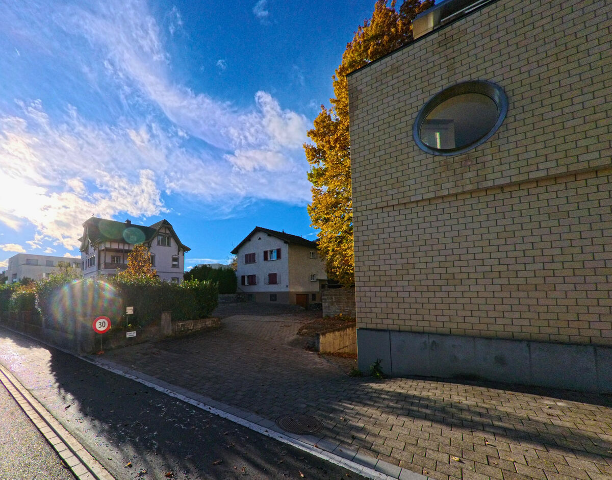 Seitlich einer ruhigen Strasse steht ein Wohnhaus in Balgach (9436, Kanton St. Gallen), eingefasst von Mauern und Baeumen.