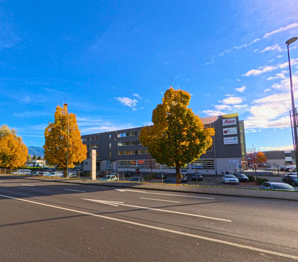 Eine breite Strasse mit modernen Wohn- und Geschaeftsgebaeuden verläuft durch Balgach (9436, Kanton St. Gallen) bei herbstlichem Licht.