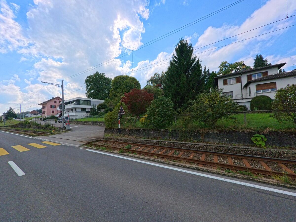 Entlang der Bahnlinie in Beinwil am See (5712, Kanton Aargau) stehen gepflegte Einfamilienhäuser mit Gärten und Bäumen oberhalb der Strasse.