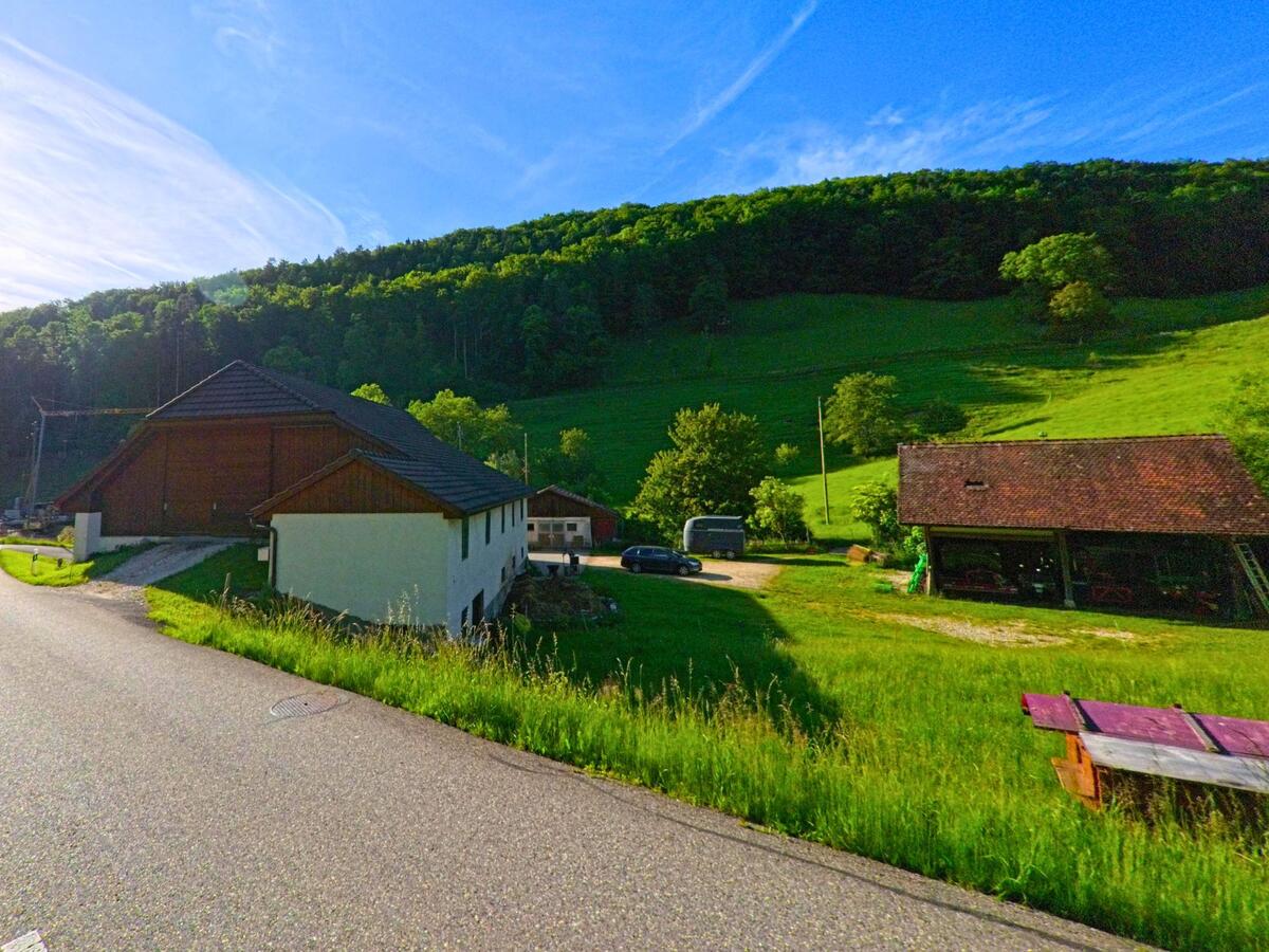 In Beinwil_(SO), PLZ 4229 im Kanton Solothurn, verläuft eine Landstrasse an mehreren Wirtschaftsgebäuden vorbei durch eine sonnige Hügellandschaft am Waldrand.
