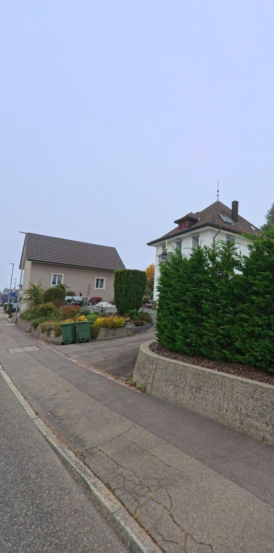 Zwei Einfamilienhäuser mit gepflegten Vorgärten und Hecken stehen an einer ruhigen Seitenstrasse in Bellikon (5454, Kanton Aargau).