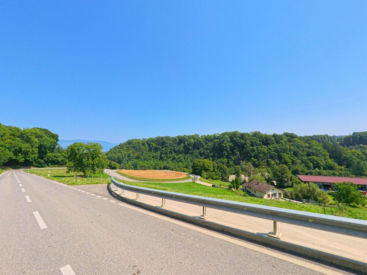 Von einer Landstrasse in Belmont-sur-Yverdon (1432, Kanton Waadt) blickt man auf Haenge mit Wald und landwirtschaftlich genutzte Flaechen.