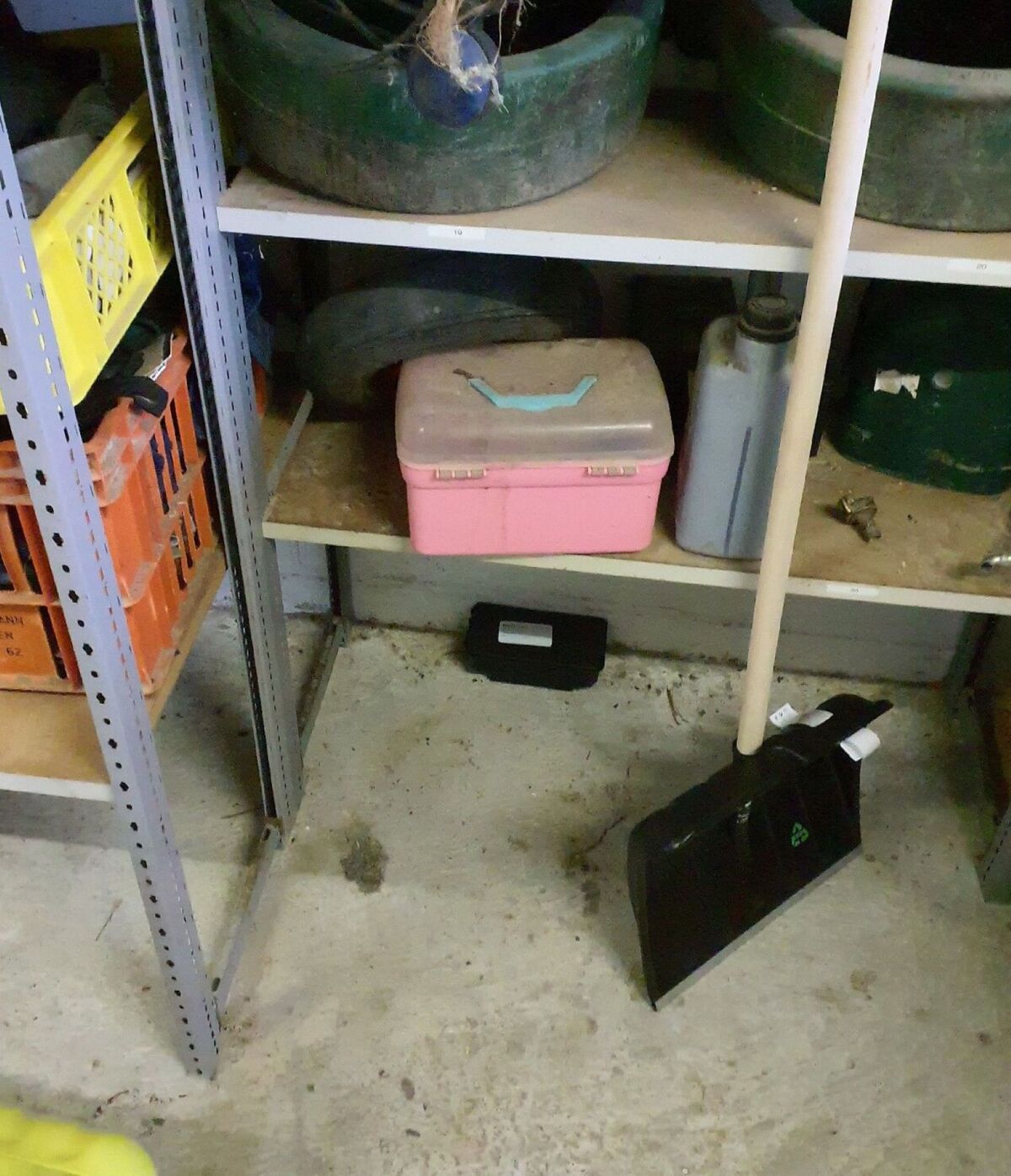 In einem Abstellraum in Berg am Irchel (8415, Kanton Zürich) steht ein Regal mit Werkzeugen, Kisten und Behältern auf einem Betonboden, daneben liegt eine schwarze Köderbox für Schädlinge.