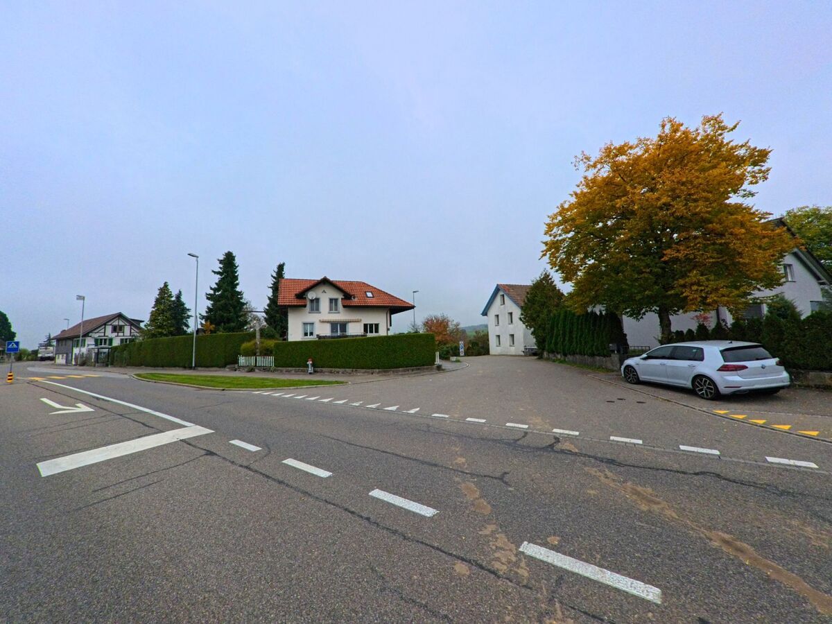 In Berikon (8965, Kanton Aargau) zweigt eine Seitenstrasse mit Einfamilienhäusern und gepflegten Hecken von der Hauptstrasse ab, begleitet von herbstlichem Laub.