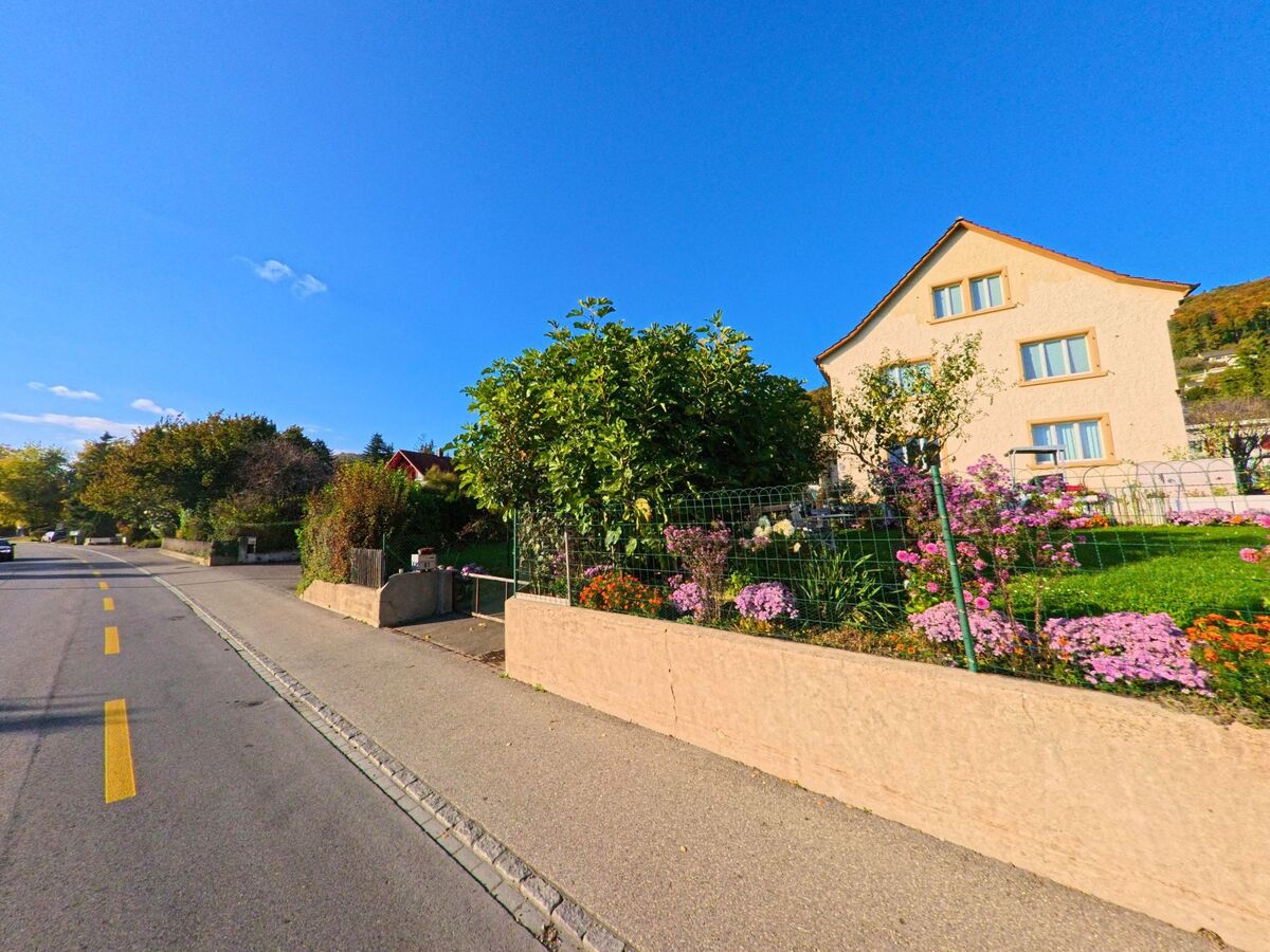 Ein gepflegter Garten mit Blumen grenzt an ein Wohnhaus an der Strasse in Beringen (8222, Kanton Schaffhausen).