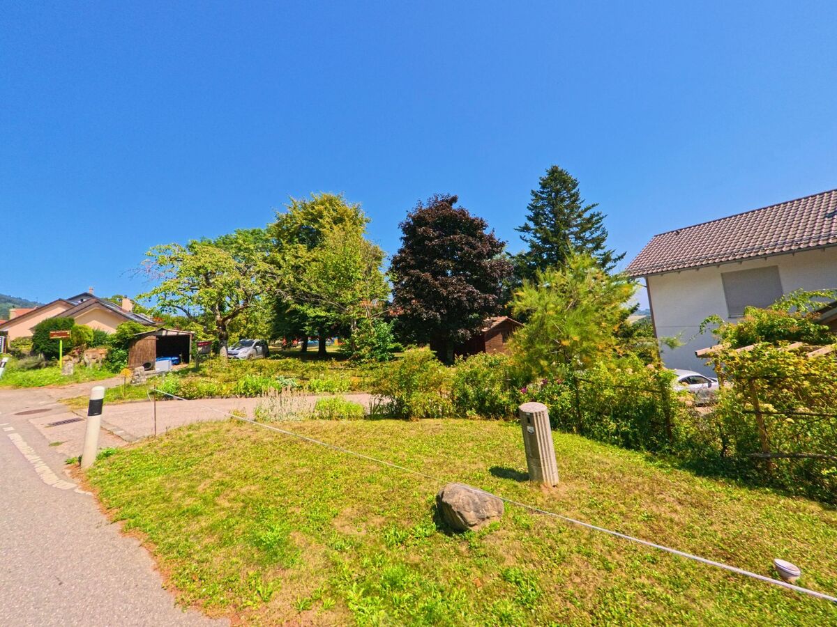 Zwischen Wohnhäusern in Berolle (1149, Kanton Waadt) liegt ein begrünter Bereich mit Bäumen und Sträuchern.