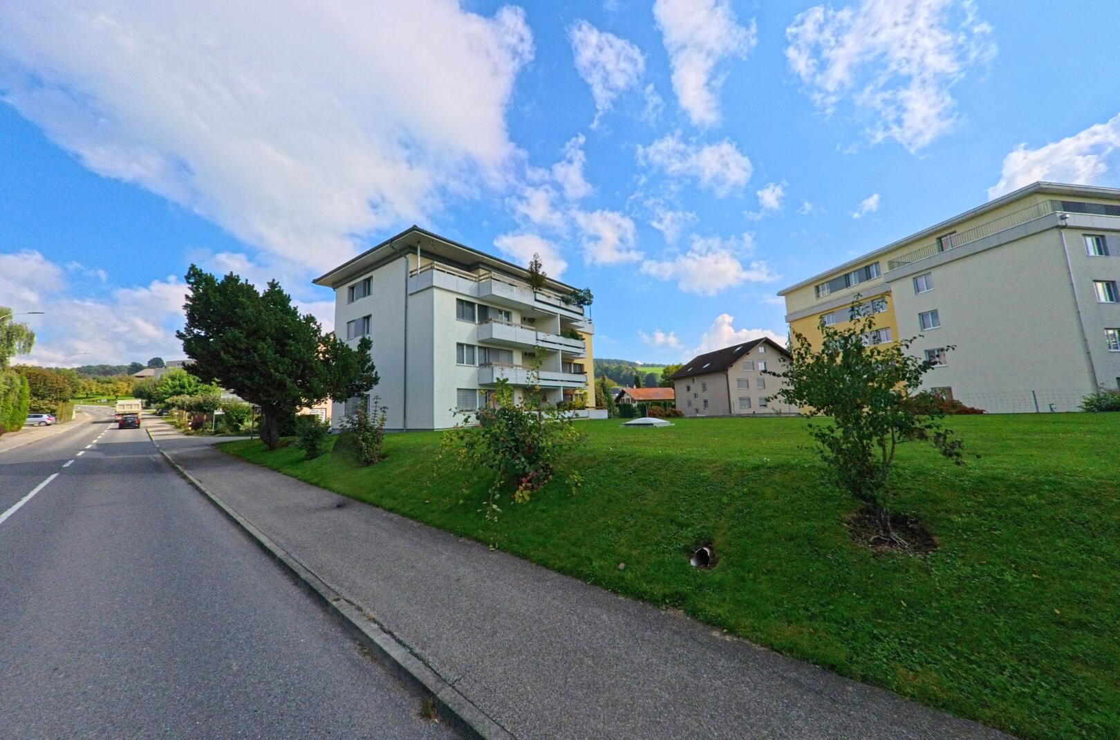 In Beromuenster (6215, Kanton Luzern) stehen mehrere Wohnhaeuser an einer leicht ansteigenden Gruenflaeche, waehrend links eine ruhige Strasse vorbeifuehrt.