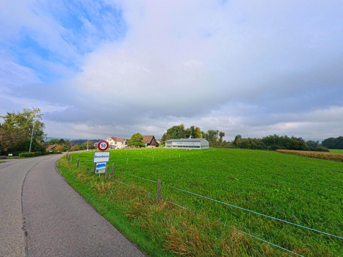 Am Ortseingang von Besenbüren (5627, Kanton Aargau) führt eine Landstrasse an weiten Feldern vorbei, begleitet vom Dorfschild und einem Industriegebäude im Hintergrund.