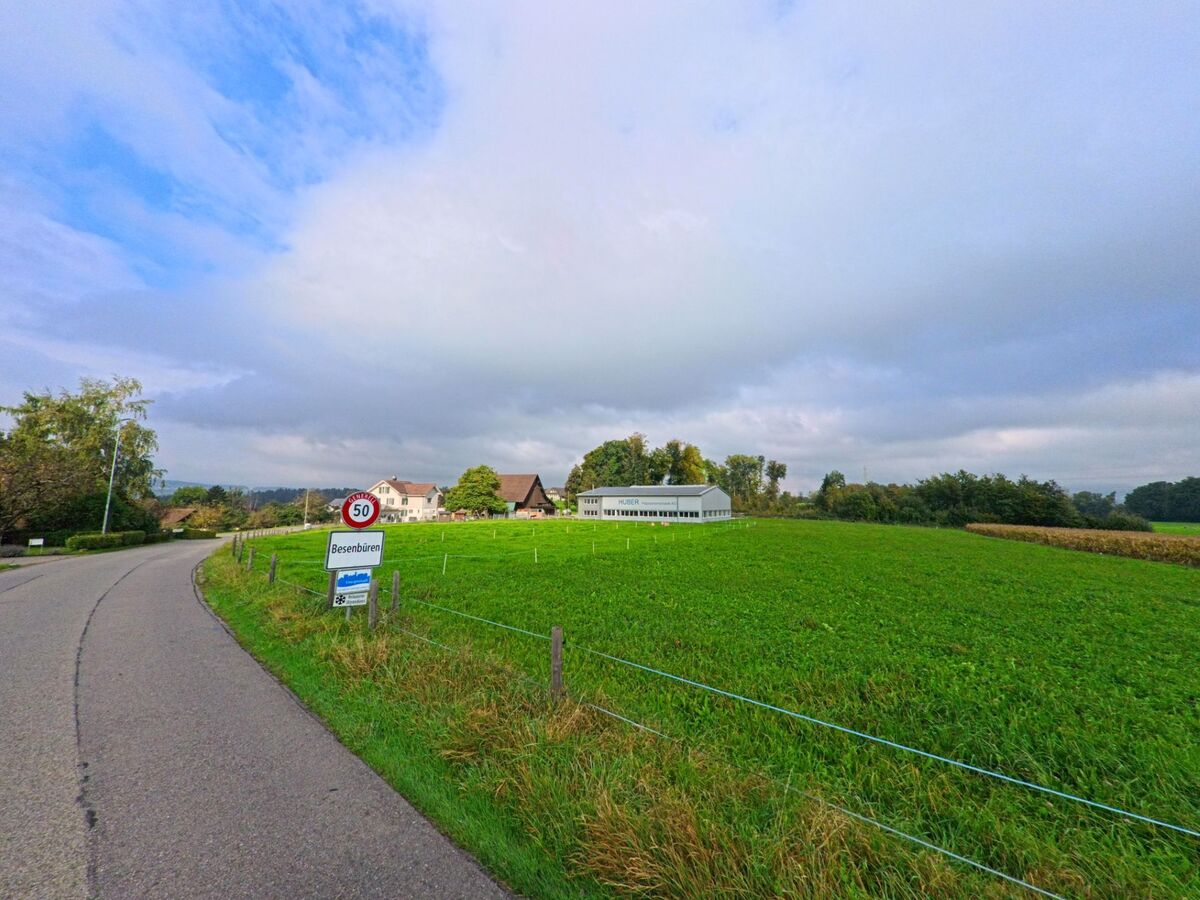 Am Ortseingang von Besenbüren (5627, Kanton Aargau) führt eine Landstrasse an weiten Feldern vorbei, begleitet vom Dorfschild und einem Industriegebäude im Hintergrund.
