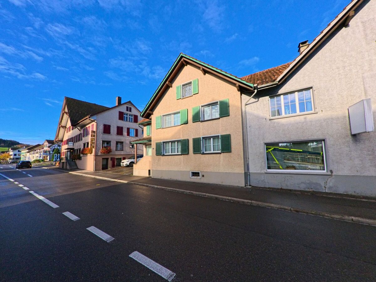 Entlang einer Dorfstrasse in Bichelsee-Balterswil (8362, Kanton Thurgau) reihen sich traditionelle Wohnhäuser mit farbigen Fensterläden unter klarem Himmel aneinander.