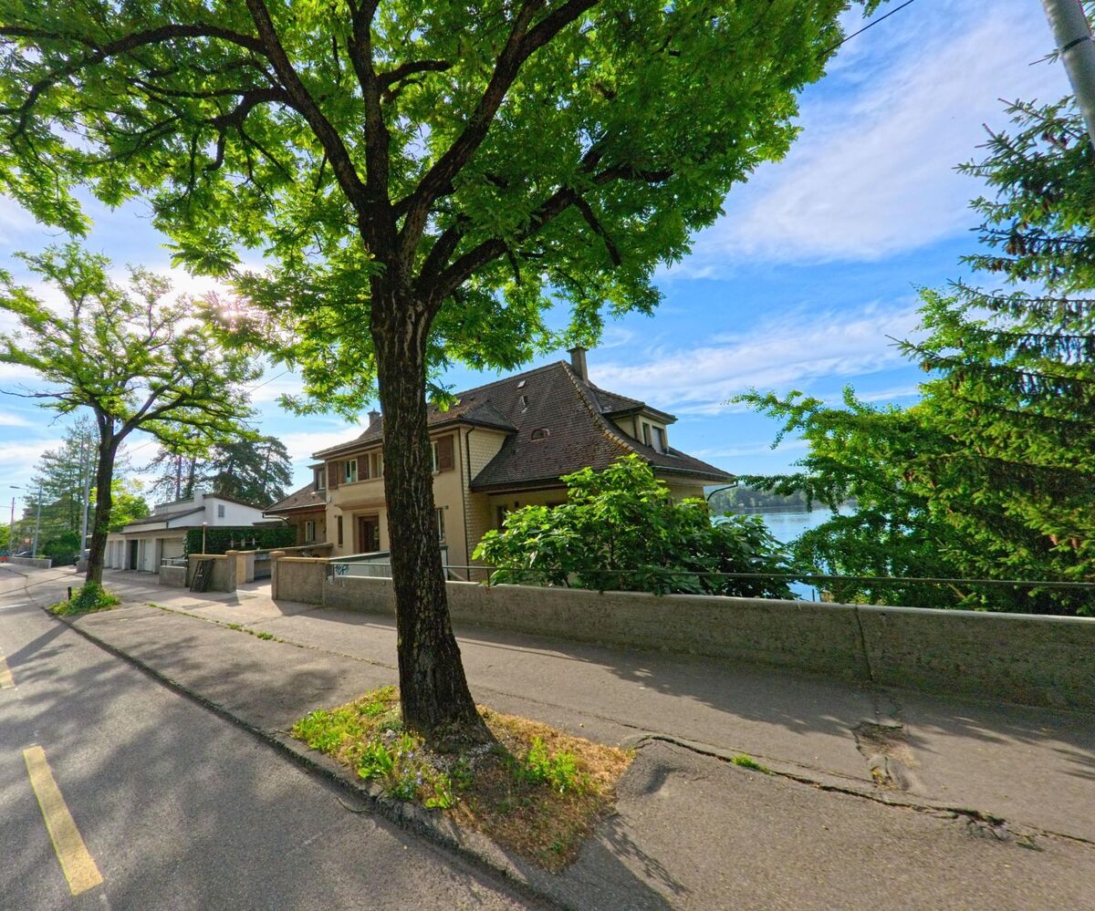 In Biel/Bienne (2500, Kanton Bern) zeigt sich eine idyllische Strassenszene mit Bäumen und historischen Häusern entlang des Seeufers, das von der Sonne beleuchtet wird.
