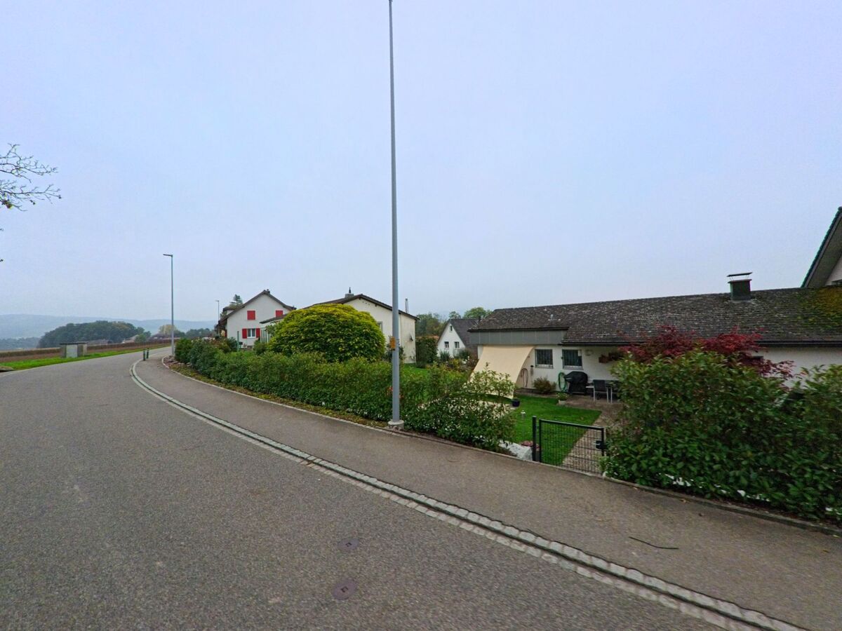 Entlang einer sanft ansteigenden Strasse in Birrhard (5244, Kanton Aargau) stehen Einfamilienhäuser mit gepflegten Hecken und Blick auf die umliegende Landschaft.