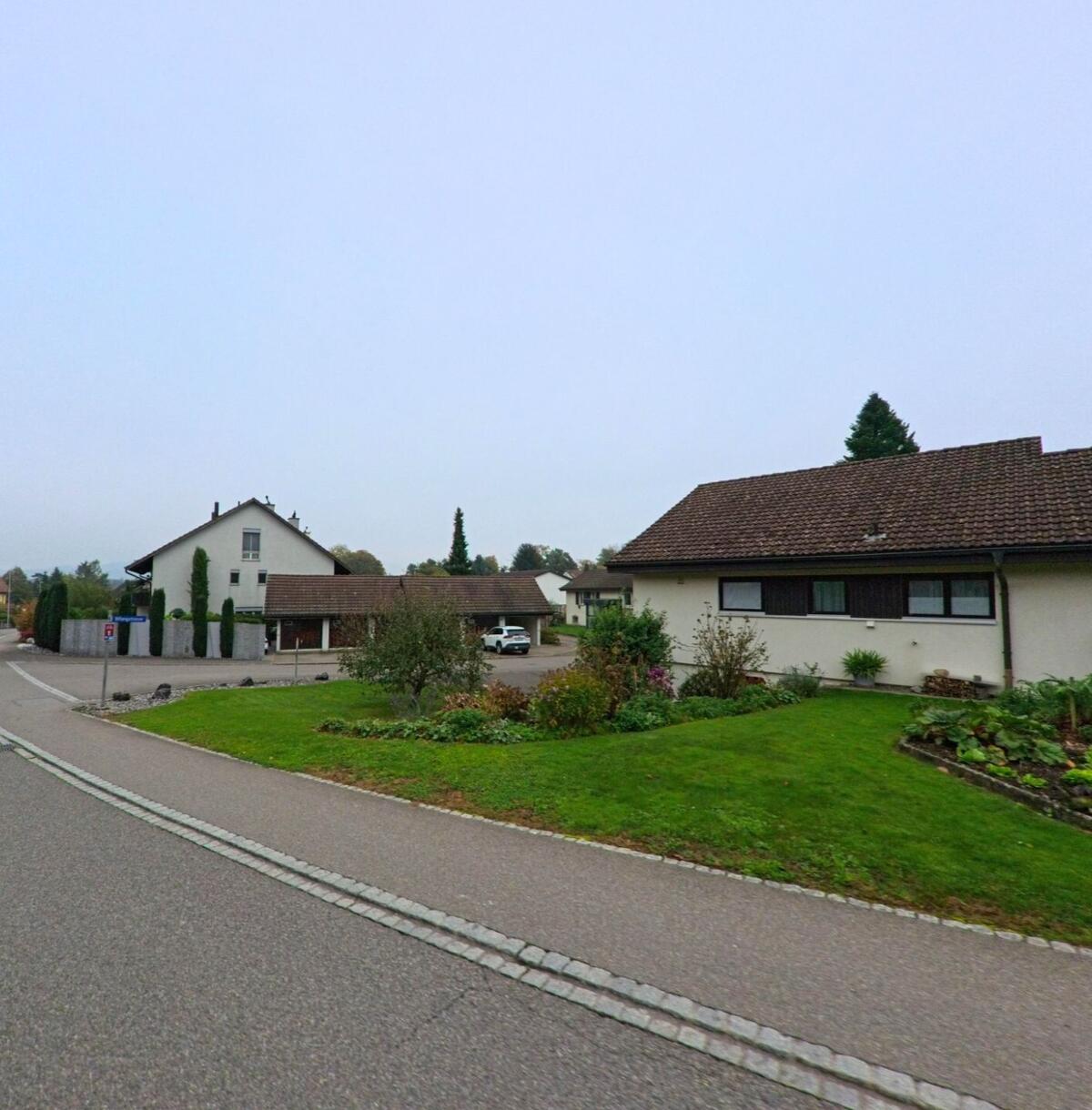 In einem Wohnquartier von Birrhard (5244, Kanton Aargau) stehen Einfamilienhäuser mit gepflegten Vorgärten an einer leicht gebogenen Strasse.