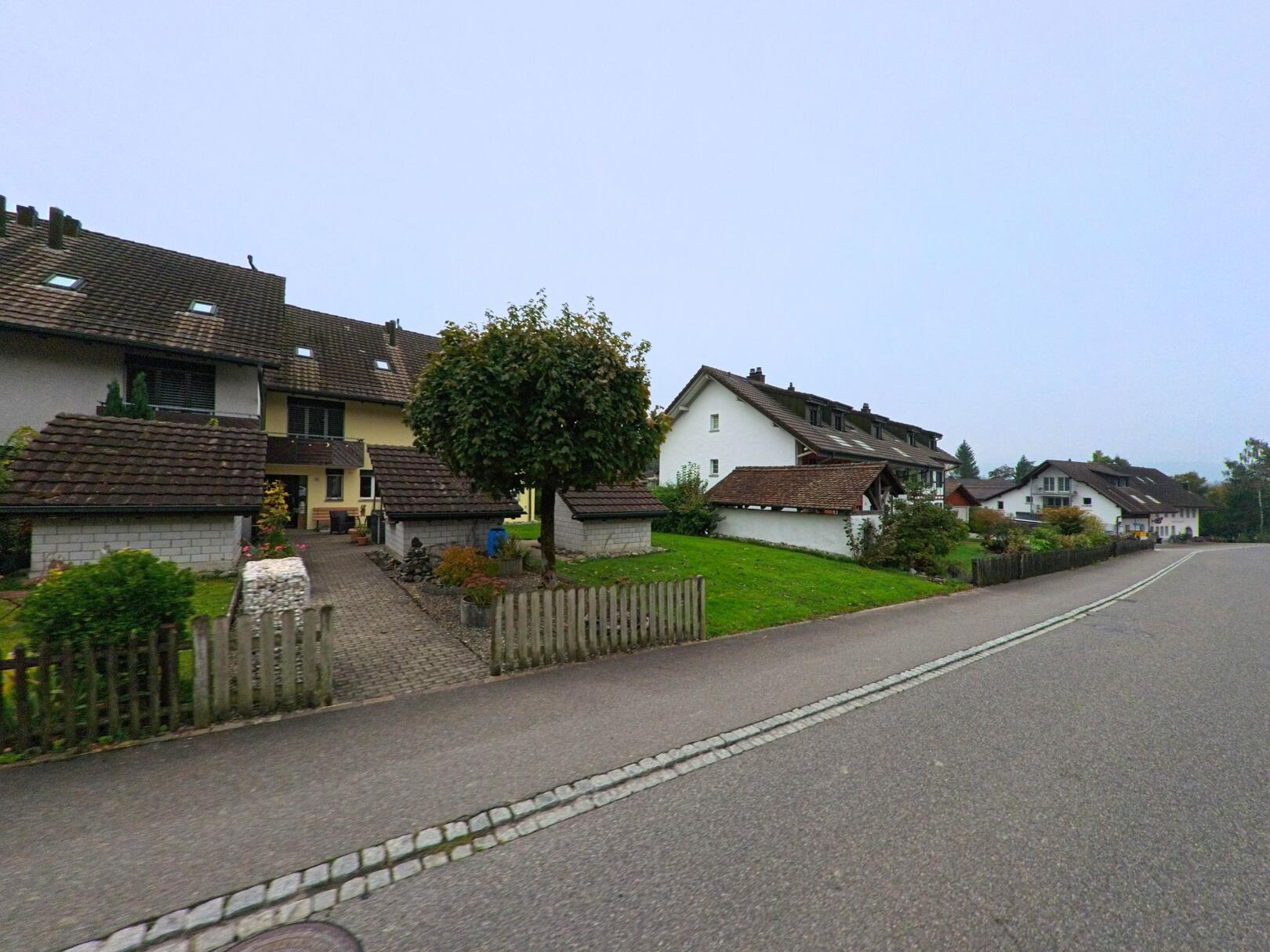 In Birrhard (5244, Kanton Aargau) reihen sich gepflegte Einfamilienhäuser mit Vorgärten entlang einer ruhigen Wohnstrasse.
