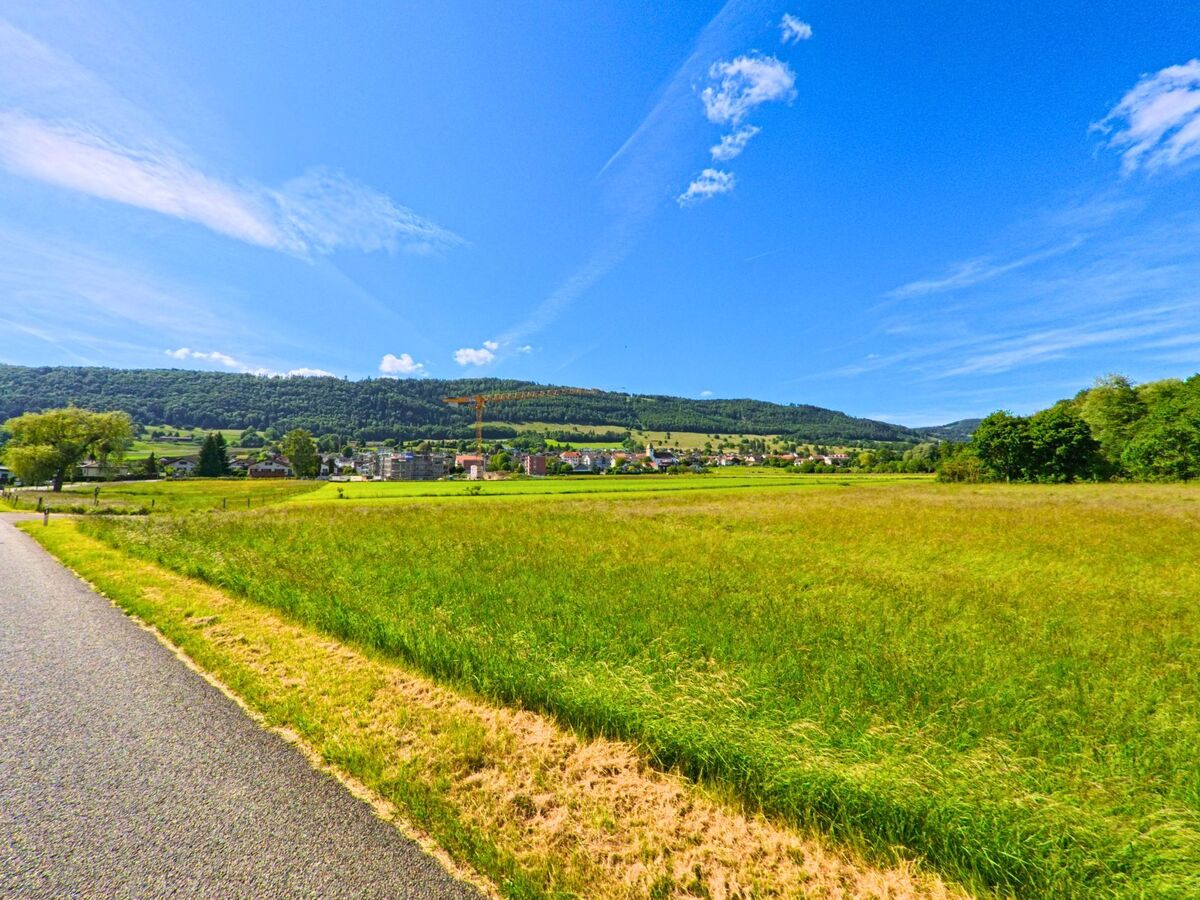 In Boécourt (2856, Kanton Jura) führt eine Straße an weiten Feldern entlang, mit Blick auf die Stadt und die umliegenden Hügel.