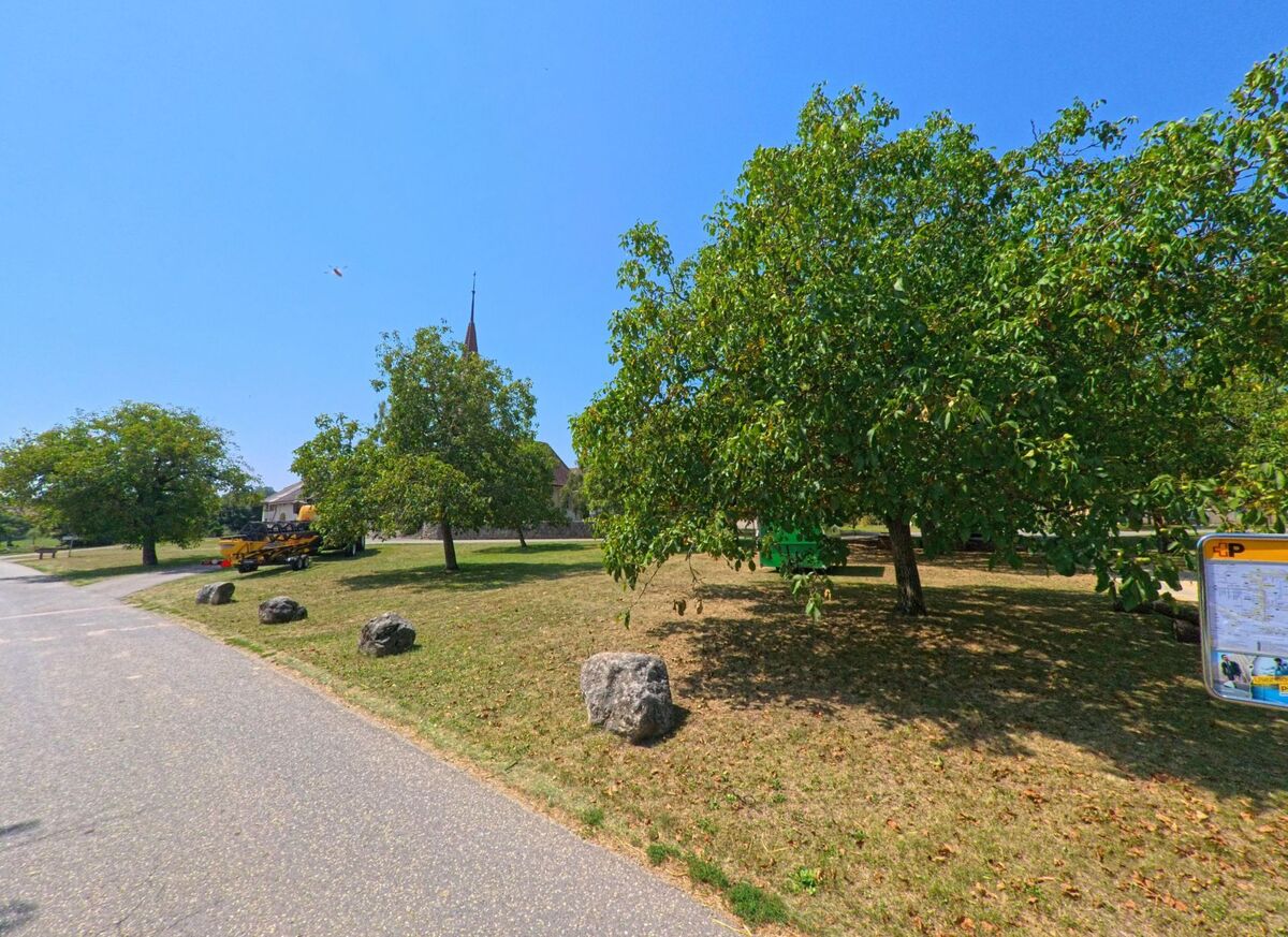 Eine gruene Wiese mit Baumen und Parkbaenken in Bofflens (1353, Kanton Waadt) bietet Sicht auf den Kirchturm des Dorfes.